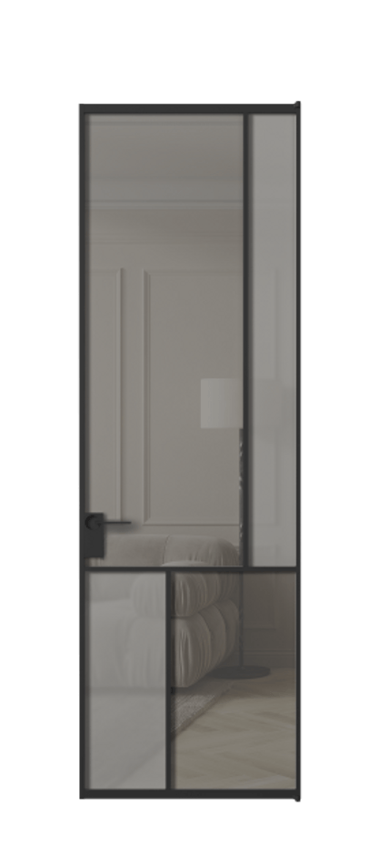 Межкомнатная дверь Mosaic АЛПЛ041.21 Алюминий Черный Сатинированное серое стекло, триплекс, 6 мм + Прозрачное серое стекло, триплекс Цена 160070 ₽ | Volhovec