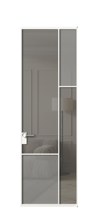 Межкомнатная дверь Mosaic АЛПЛ041.12 Алюминий Белый Сатинированное серое стекло, триплекс, 6 мм + Прозрачное серое стекло, триплекс Цена 168070 ₽ | Volhovec