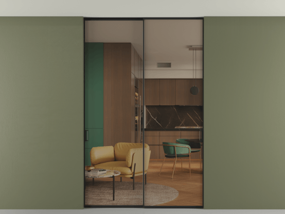 Алюминевая перегородка p2_01 Бронза триплекс ЧЕР. Цвет Алюминий Черный. Материал Алюминий. Коллекция Перегородка Formato внутри проёма скрытое крепление в потолок 2 створки. Картинка.